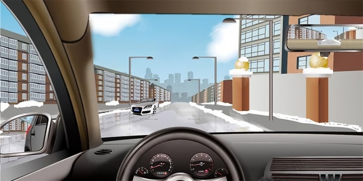 如图所示，在这种结冰的道路上怎样会车？配图