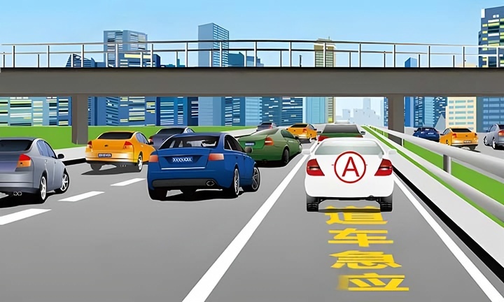 如图所示，在城市快速路上通行，A车存在什么违法行为？配图
