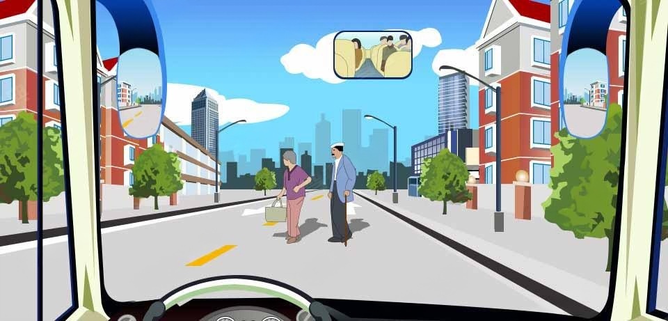 如图所示，驾驶机动车遇到这样的行人怎样礼让？配图