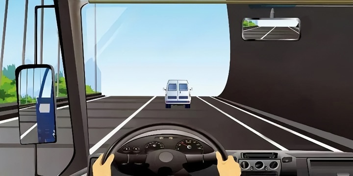 如图所示，驾驶机动车遇到上坡路，可以向左变更车道跨越白色中心实线超车。配图