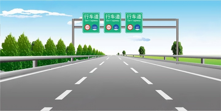 如图所示，在同向3车道高速公路上行车，车速低于每小时80公里的车辆应在哪条车道上行驶？配图